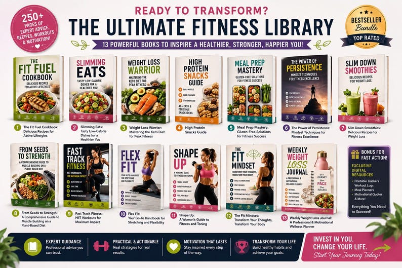 Fitness Bundle with MRR & PLR Ready To Resell, PLR Fitness Planners and Fitness Ebooks, Weight Loss Journal, High Protien Snacks Guide